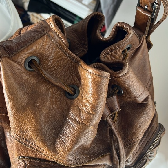 Frye Brooke Studded Drawstring Bucket Bag Purse Brown Leather Shoulder Bag - Picture 10 of 12